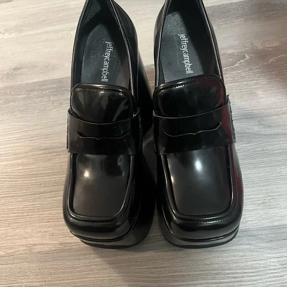 Jeffrey Campbell Square Toe Black Platform Wedge Loafers - Picture 1 of 8